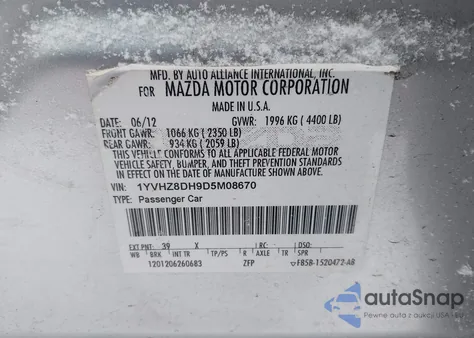 2013 Mazda Mazda6 I Touring из США, поврежденный, VIN 1YVHZ8DH9D5M08670